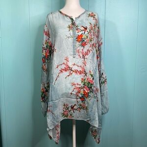 Johnny Was Size XXL Light Blue Floral Long Sleeve Tunic Blouse Top